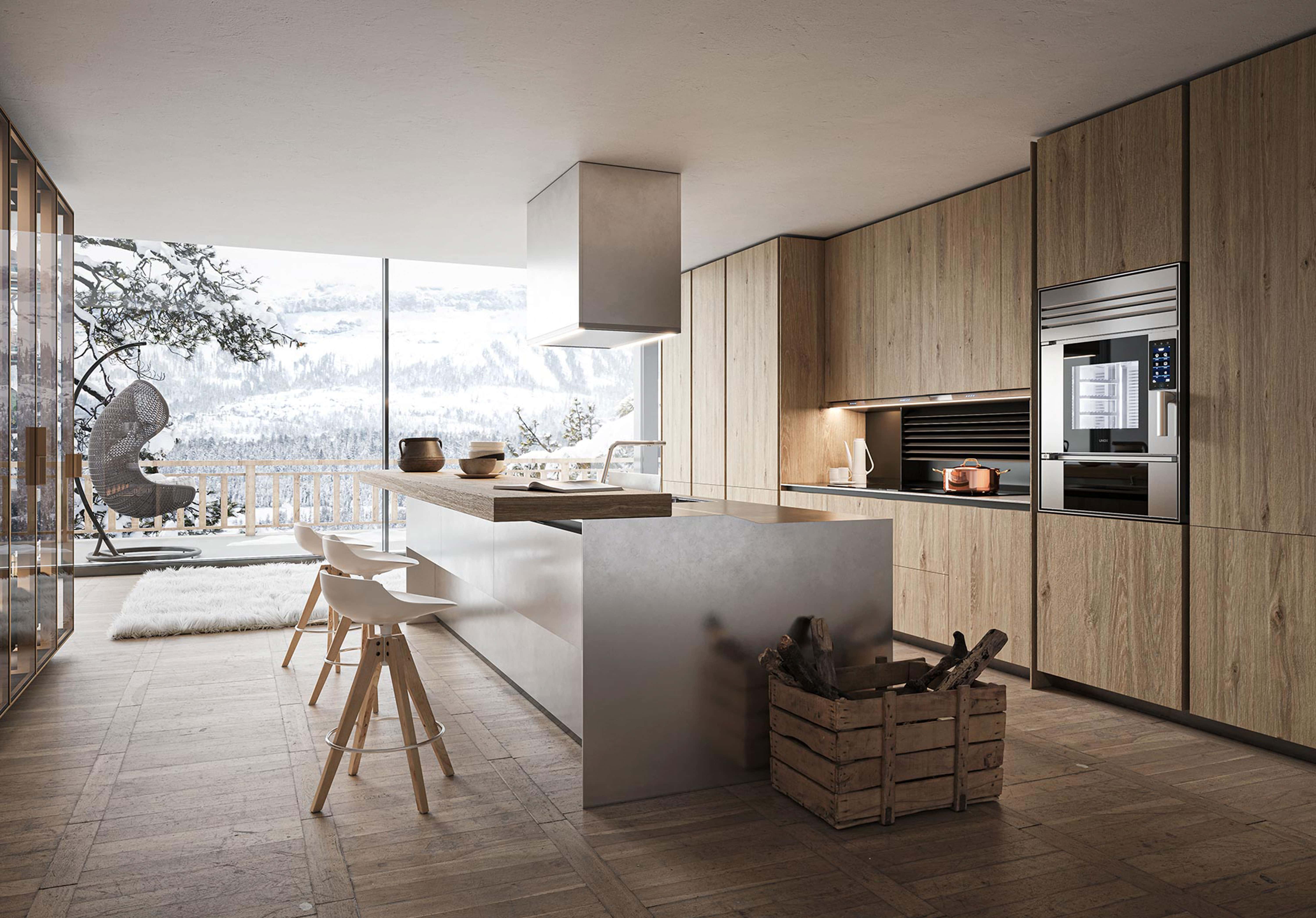 Minimalist kitchen with Unox Casa's wall oven in a mountain chalet in Cortina D'Ampezzo